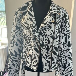 Chic Black and White Graphic Leather Jacket